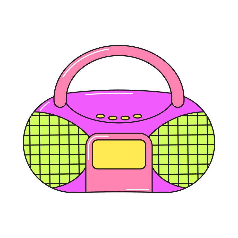 Radio de música retro de los 90 y reproductor de casetes con un diseño colorido funky. etiqueta engomada colorida del vector aislada en el fondo blanco.