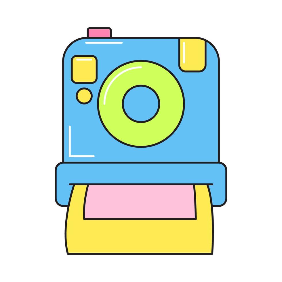 Old camera retro 90s style. Colorful vector sticker isolated on white background.
