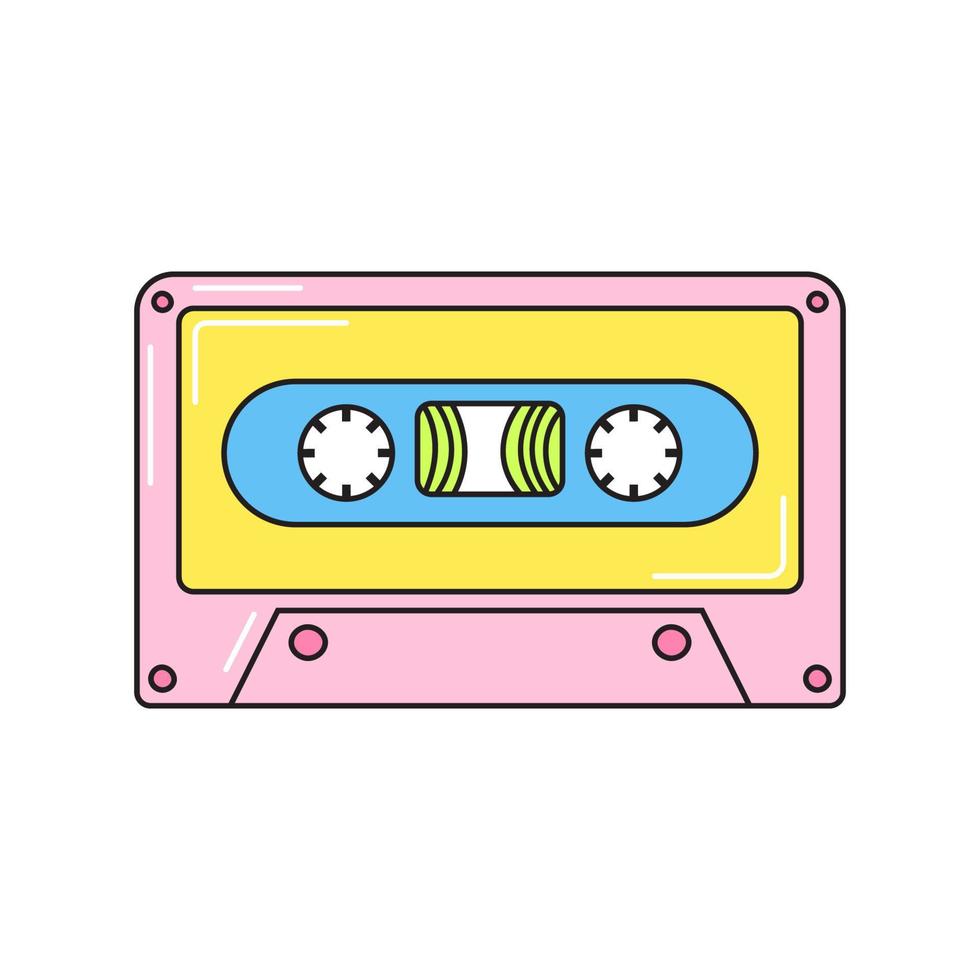 Old cassette retro 90s style pink. Colorful vector sticker isolated on white background.