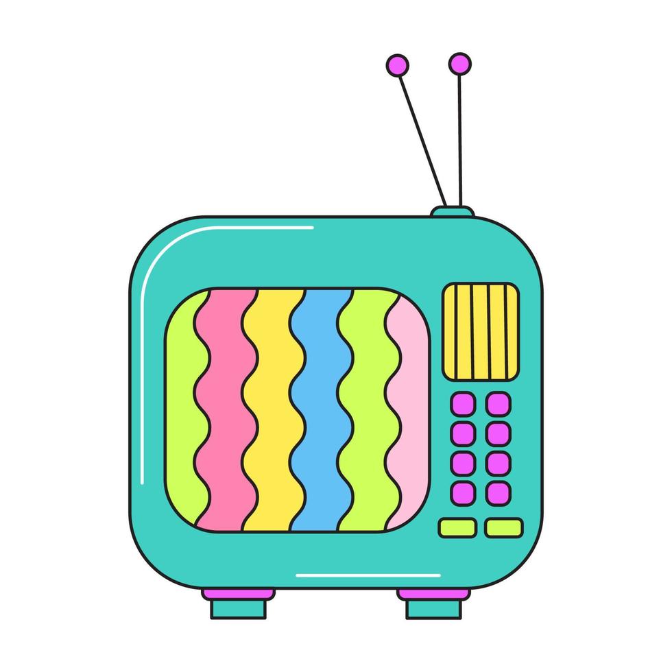 TV antigua estilo retro de los 90. etiqueta engomada colorida del vector aislada en el fondo blanco.
