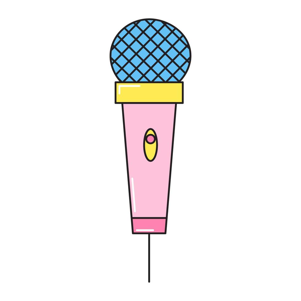 lindo micrófono estilo retro de los años 90. etiqueta engomada colorida del vector aislada en el fondo blanco.