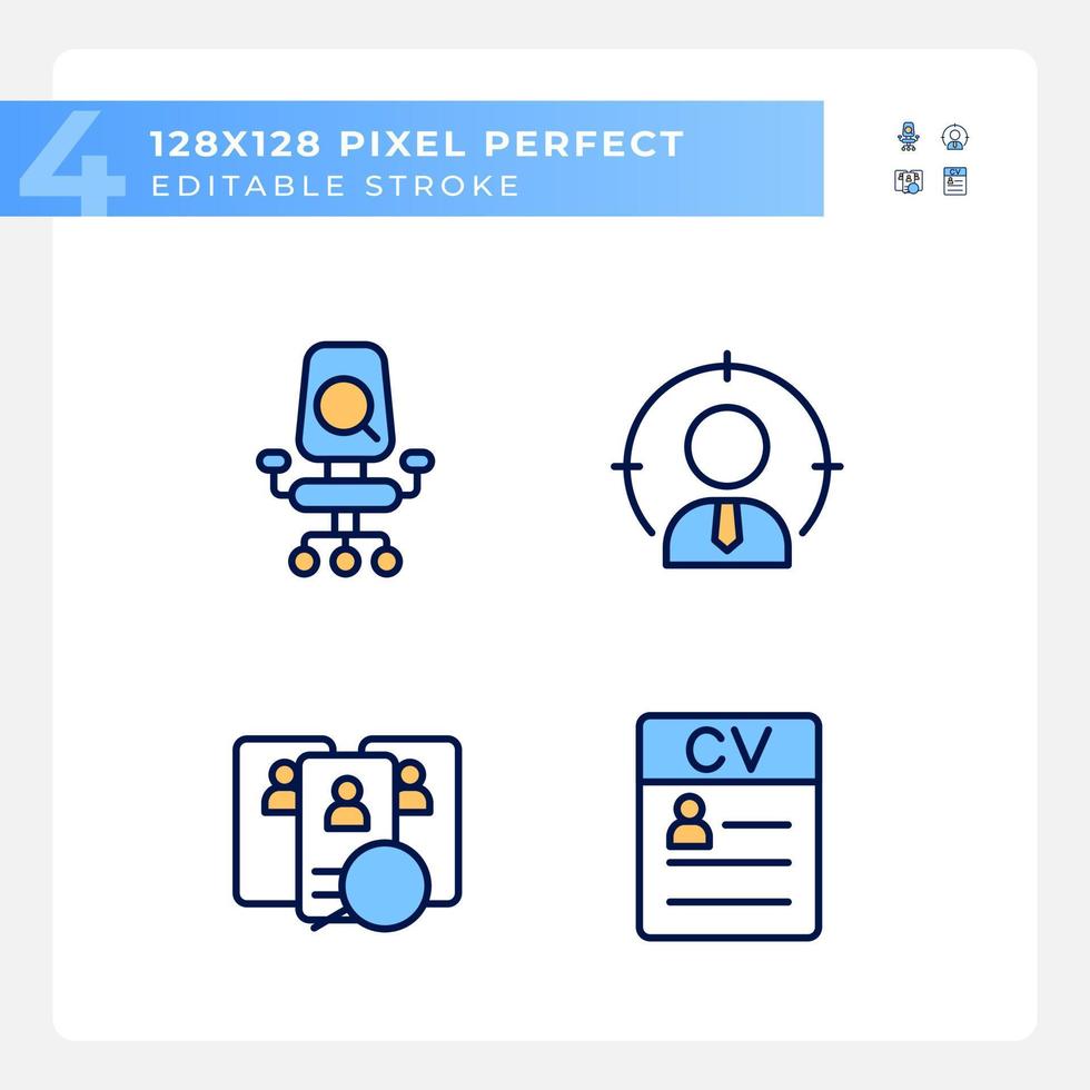 Worker selection process pixel perfect RGB color icons set. Job position. Applicant resume. Choosing employee. Isolated vector illustrations. Simple filled line drawings collection. Editable stroke