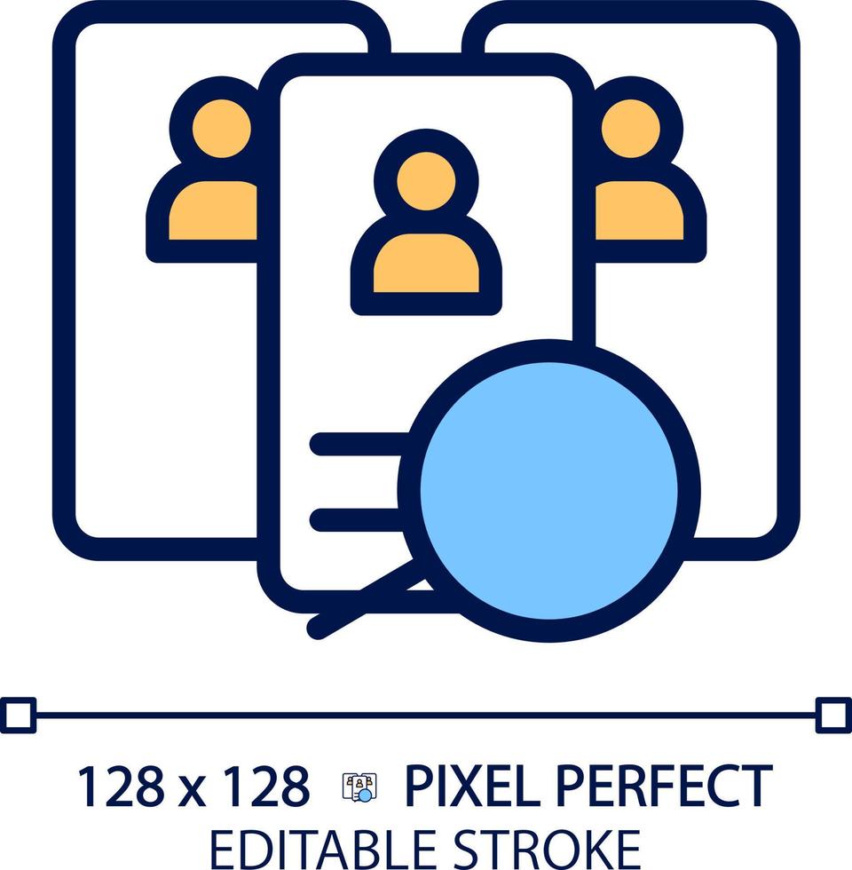 icono de color rgb perfecto de píxel candidato. candidatos que compiten por el puesto de trabajo. seleccionar trabajador calificado. recursos humanos. ilustración vectorial aislada. dibujo de línea rellena simple. trazo editable vector