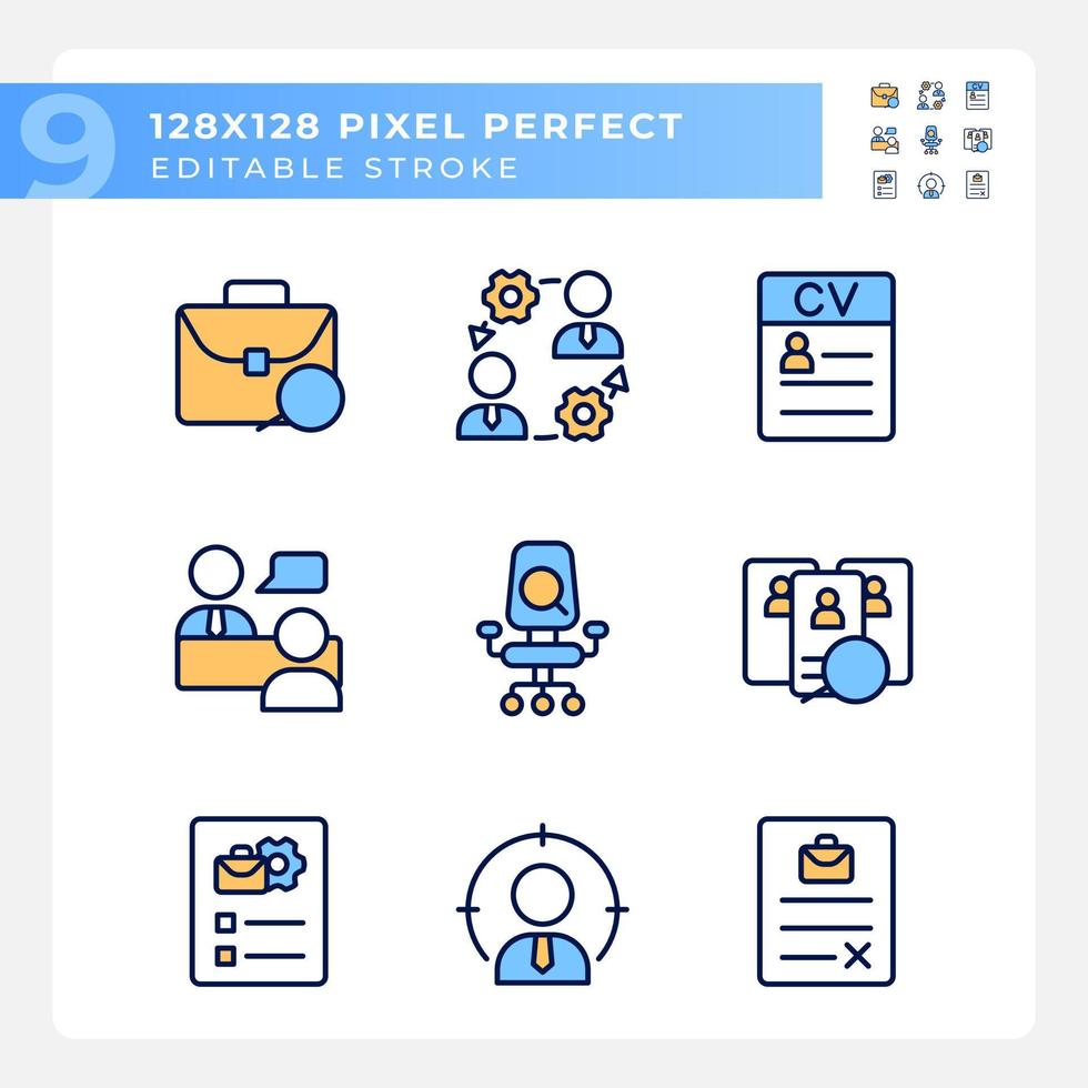 Hiring process organization pixel perfect RGB color icons set. Application. Job interview. Employment contract. Isolated vector illustrations. Simple filled line drawings collection. Editable stroke