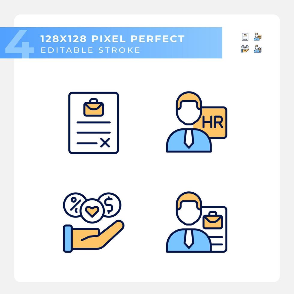 Job position benefits pixel perfect RGB color icons set. Human resource manager. Applicant resume. Sign contract. Isolated vector illustrations. Simple filled line drawings collection. Editable stroke