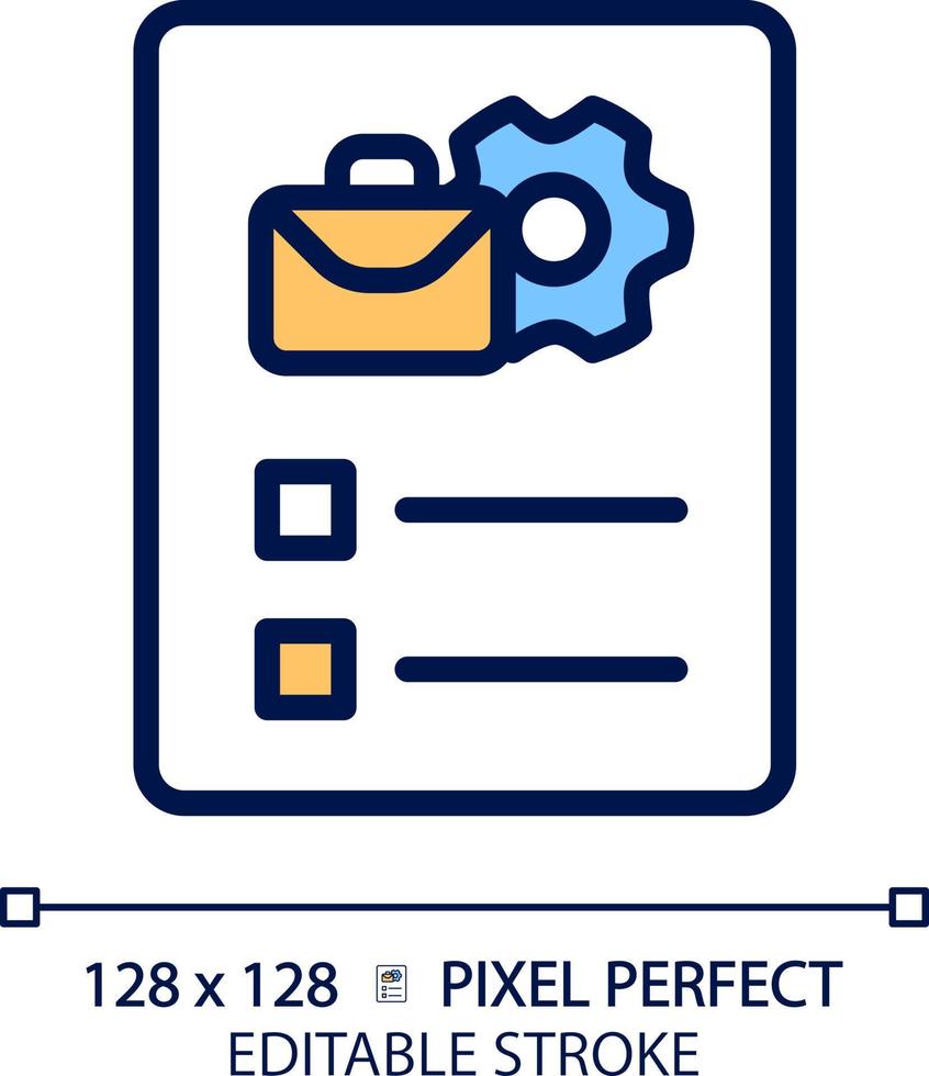 descripción del trabajo icono de color rgb perfecto de píxeles. lista de requisitos y deberes. detalles del puesto de trabajo. contratación. recursos humanos. ilustración vectorial aislada. dibujo de línea rellena simple. trazo editable vector