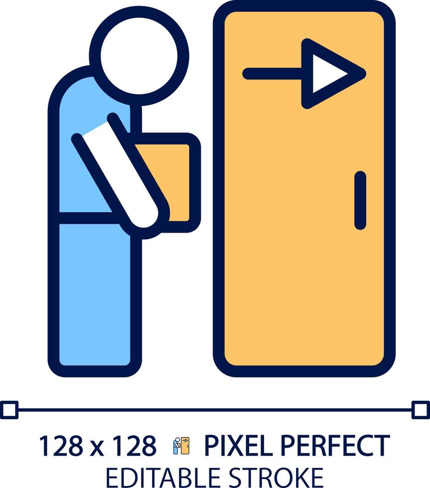 Dismissal pixel perfect RGB color icon. Fired employee. Work loss. Jobless person. Staff reduction. Resignation. Isolated vector illustration. Simple filled line drawing. Editable stroke