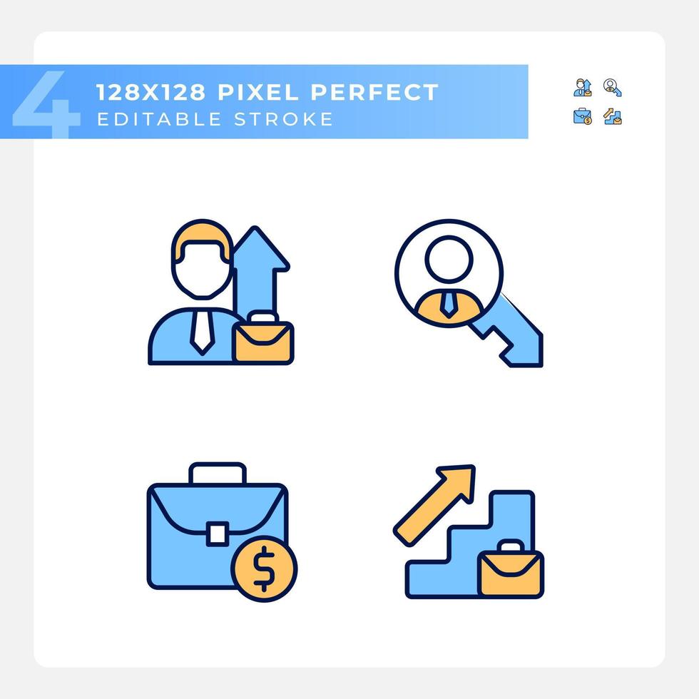 Career opportunities pixel perfect RGB color icons set. Promotion of employee. Business growth. Human resources. Isolated vector illustrations. Simple filled line drawings collection. Editable stroke