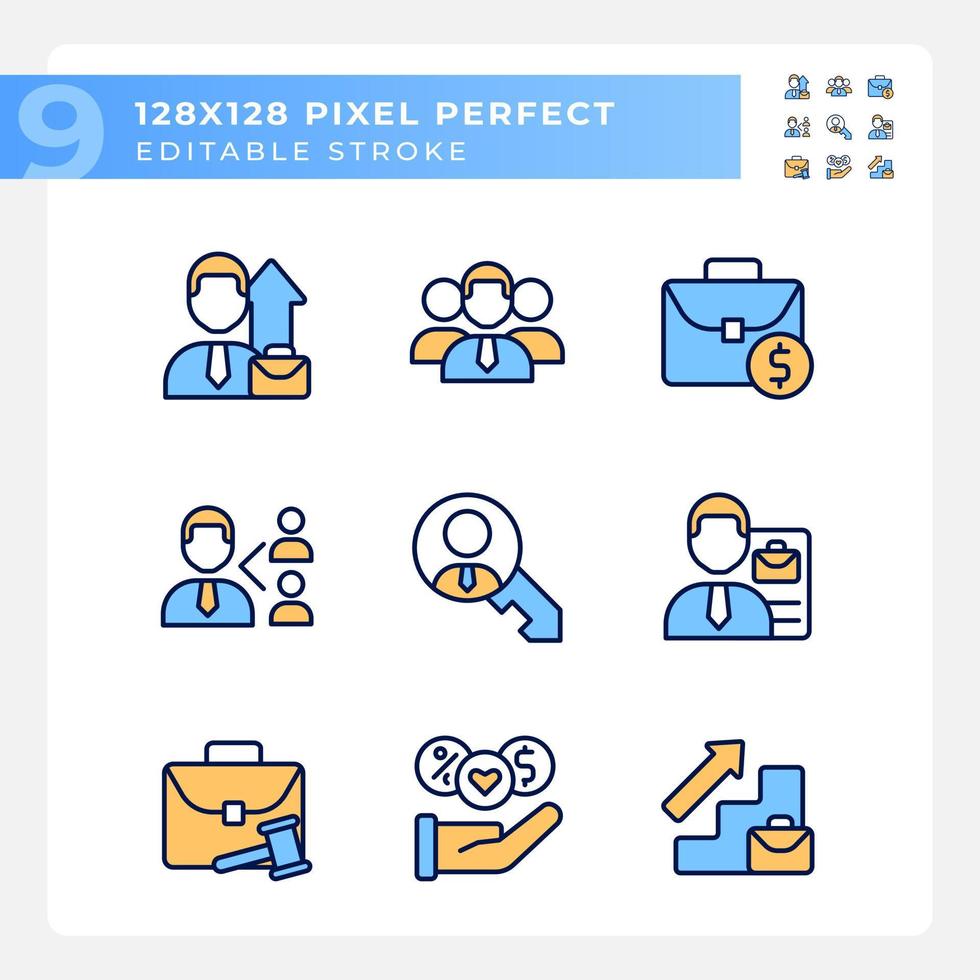 Job related pixel perfect RGB color icons set. Hiring process. Company employee. Salary. Career development. Isolated vector illustrations. Simple filled line drawings collection. Editable stroke