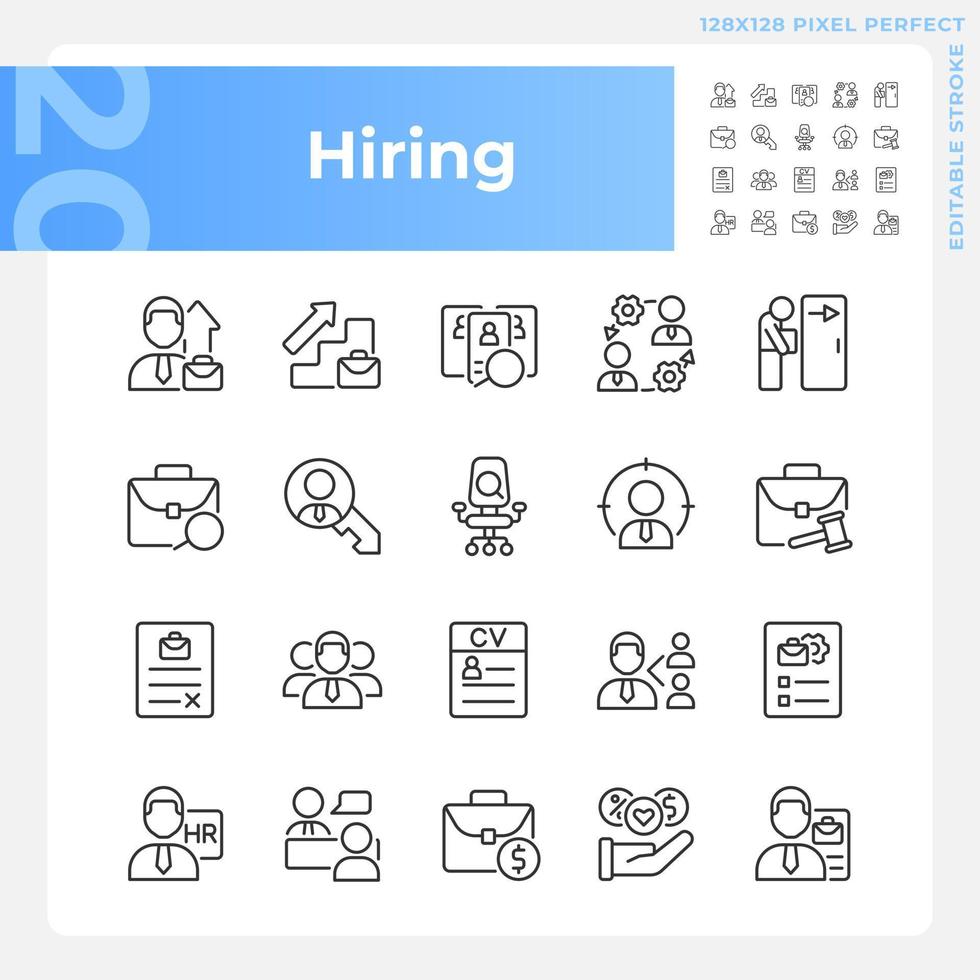 Hiring pixel perfect linear icons set. Recruitment process. Company employee. Apply for position. Career. Customizable thin line symbols. Isolated vector outline illustrations. Editable stroke