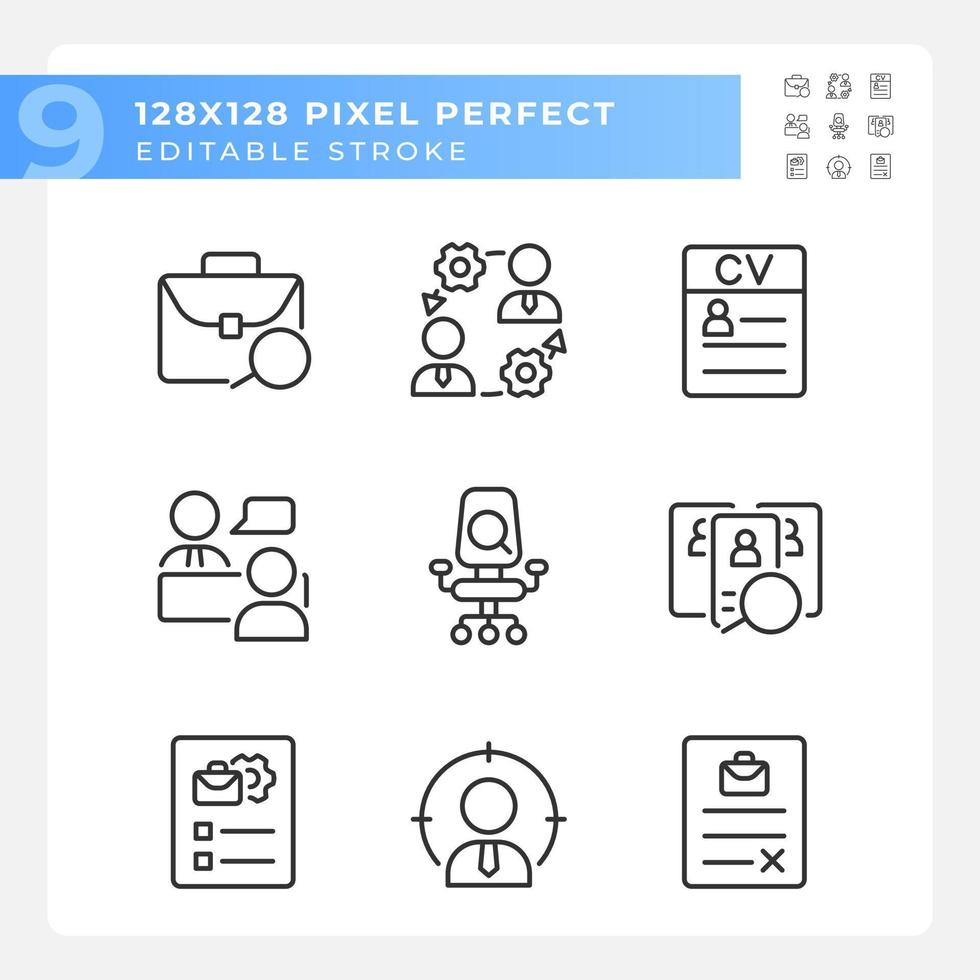 Hiring process organization pixel perfect linear icons set. Application. Job interview. Employment contract. Customizable thin line symbols. Isolated vector outline illustrations. Editable stroke