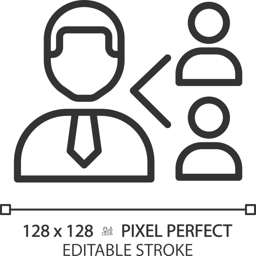 Employee referral pixel perfect linear icon. Recommend candidate for position. Human resources. Recruitment process. Thin line illustration. Contour symbol. Vector outline drawing. Editable stroke