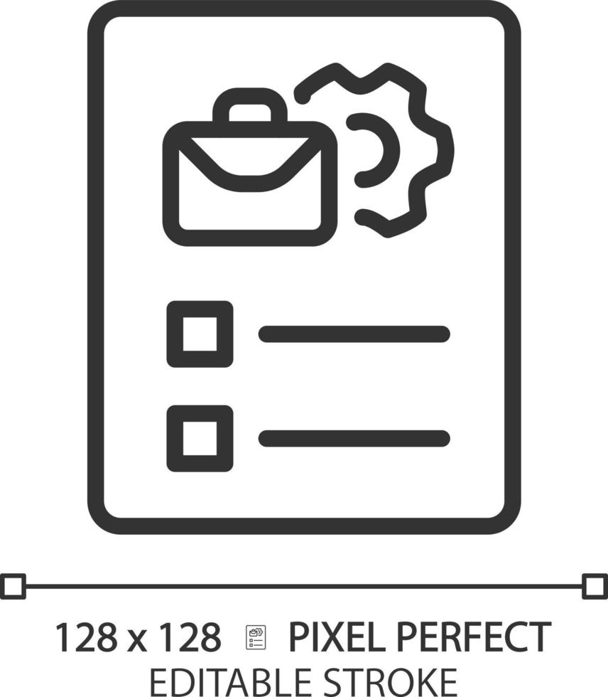 descripción del trabajo icono lineal perfecto de píxeles. lista de requisitos y deberes. detalles del puesto de trabajo. recursos humanos. ilustración de línea delgada. símbolo de contorno dibujo de contorno vectorial. trazo editable vector