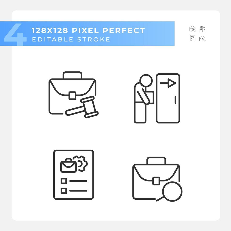 Recruitment stages pixel perfect linear icons set. Job searching and description. Labour rights. Fired worker. Customizable thin line symbols. Isolated vector outline illustrations. Editable stroke