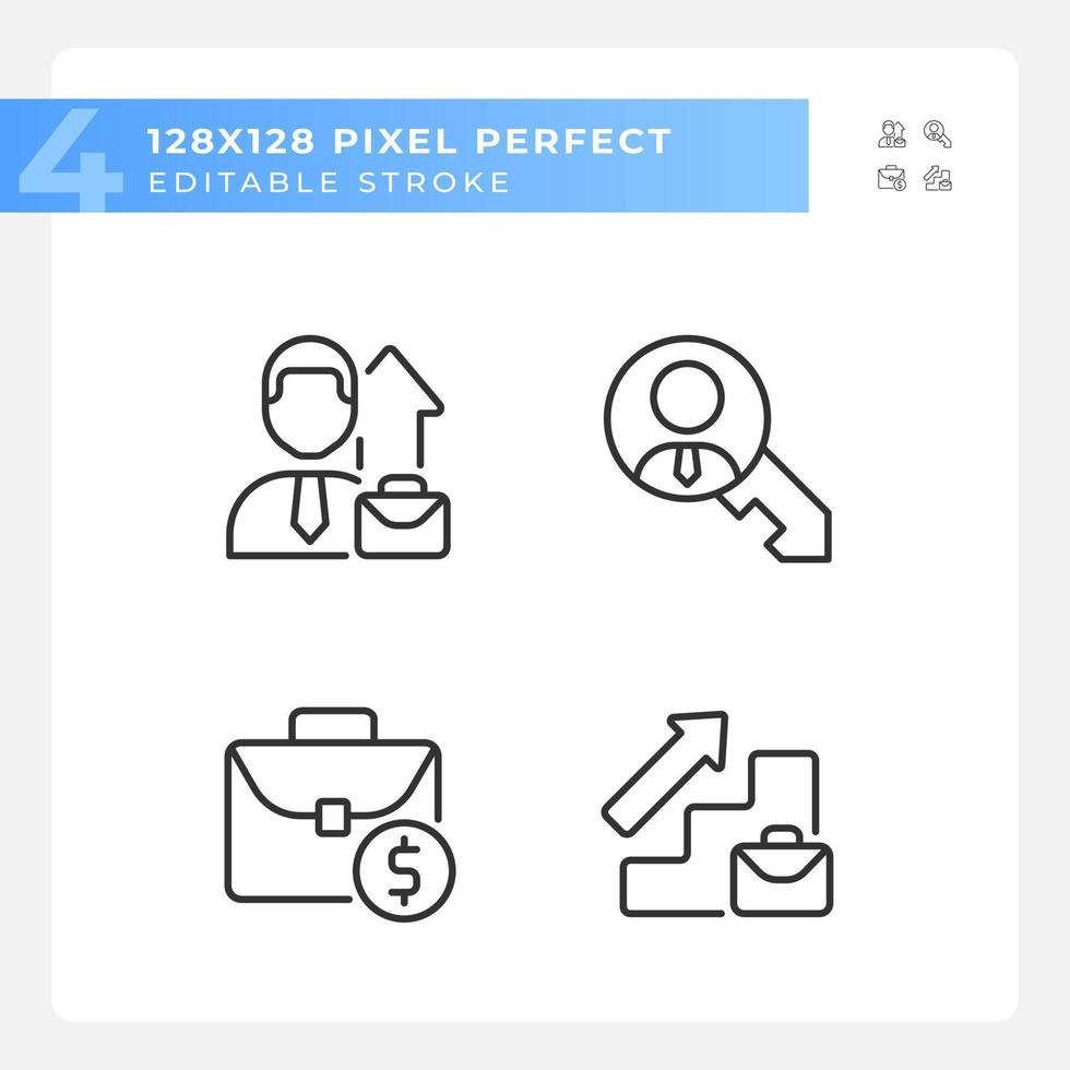 Career opportunities pixel perfect linear icons set. Promotion of employee. Business growth. Human resources. Customizable thin line symbols. Isolated vector outline illustrations. Editable stroke