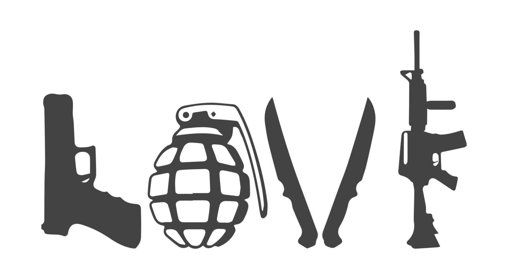 Love text with guns, grenade and knives vector