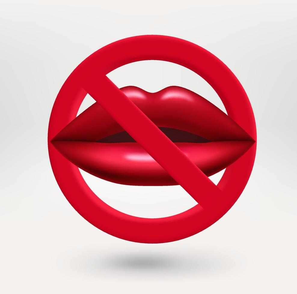 icono de labios rojos en círculo rojo con línea cruzada. sin concepto de beso. icono de vector 3d