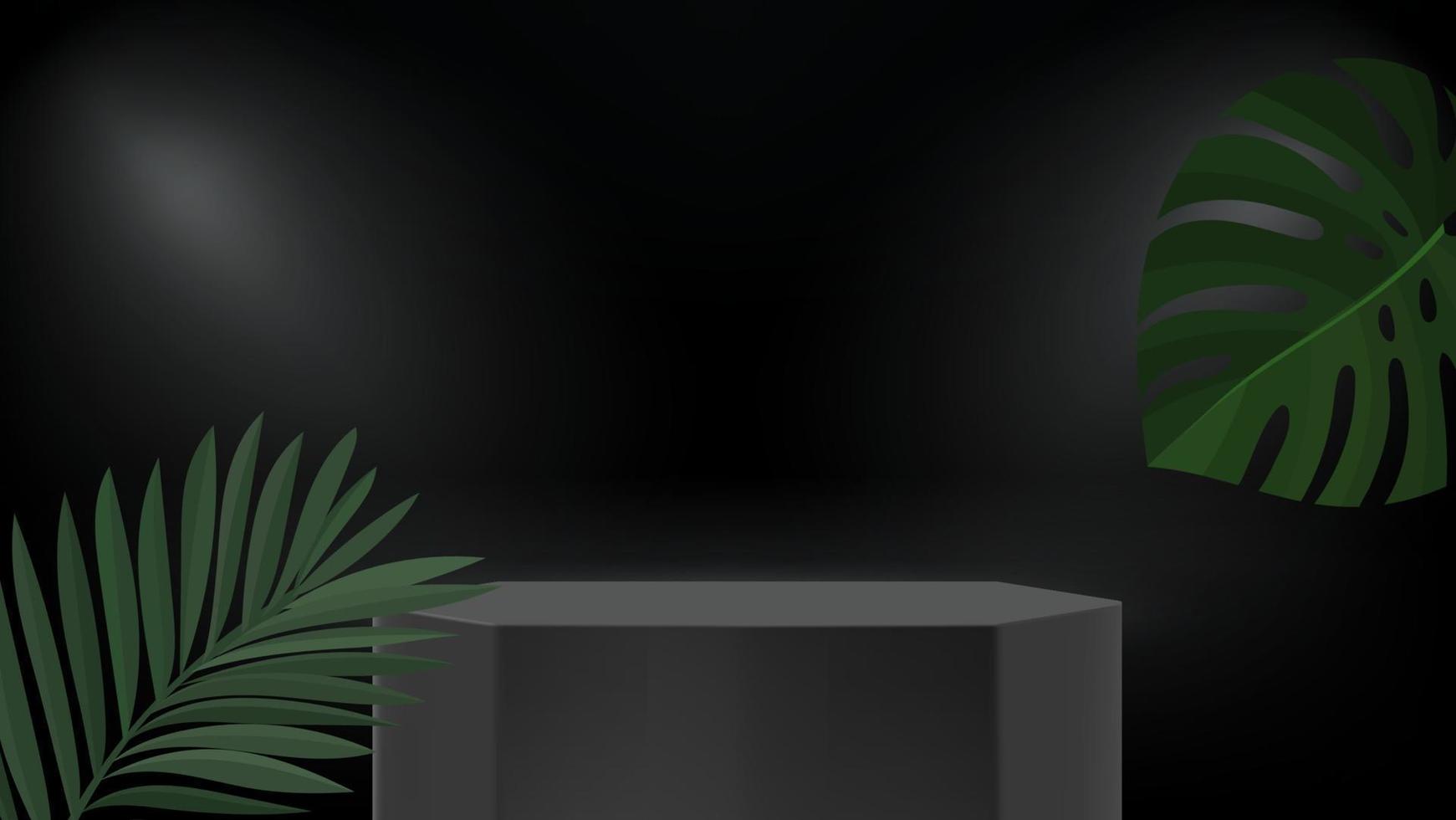 Dark room with podium and leaves. Product showcase. 3d vector mockup podium