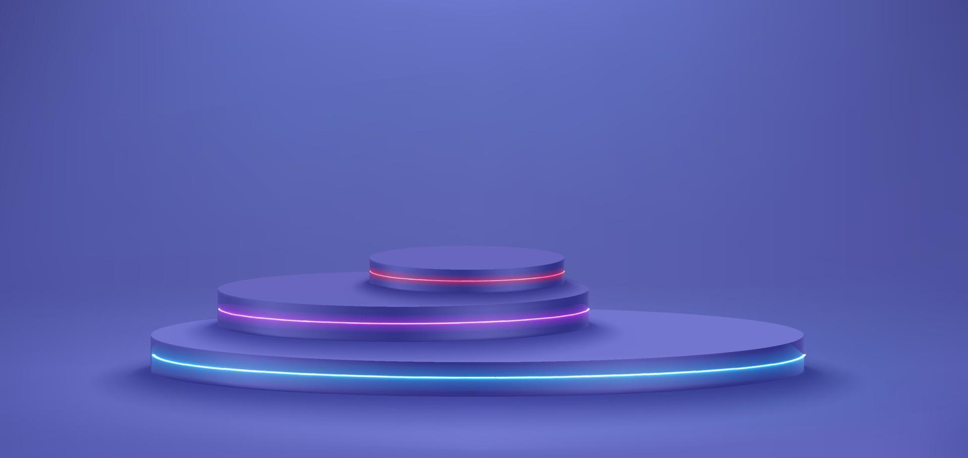 Violet interior with three circle platforms. Showcase for product. Vector 3d illustration