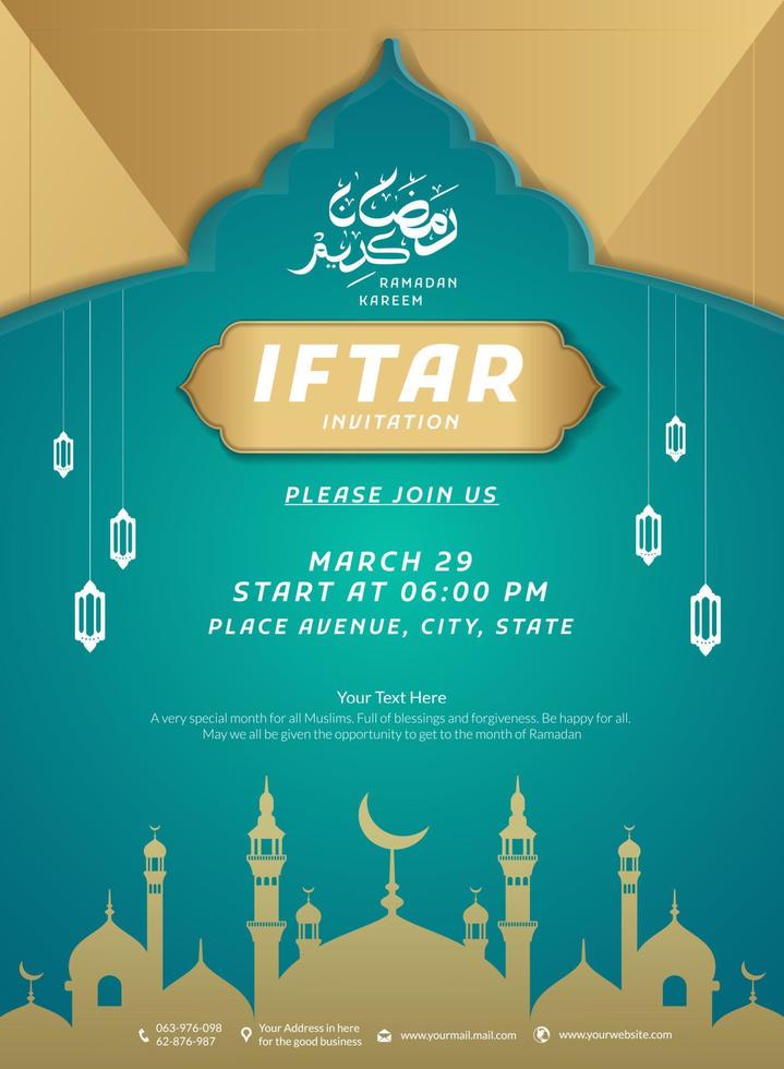 Ramadan iftar invitation template with a distinctive Islamic design in golden turquoise nuances vector