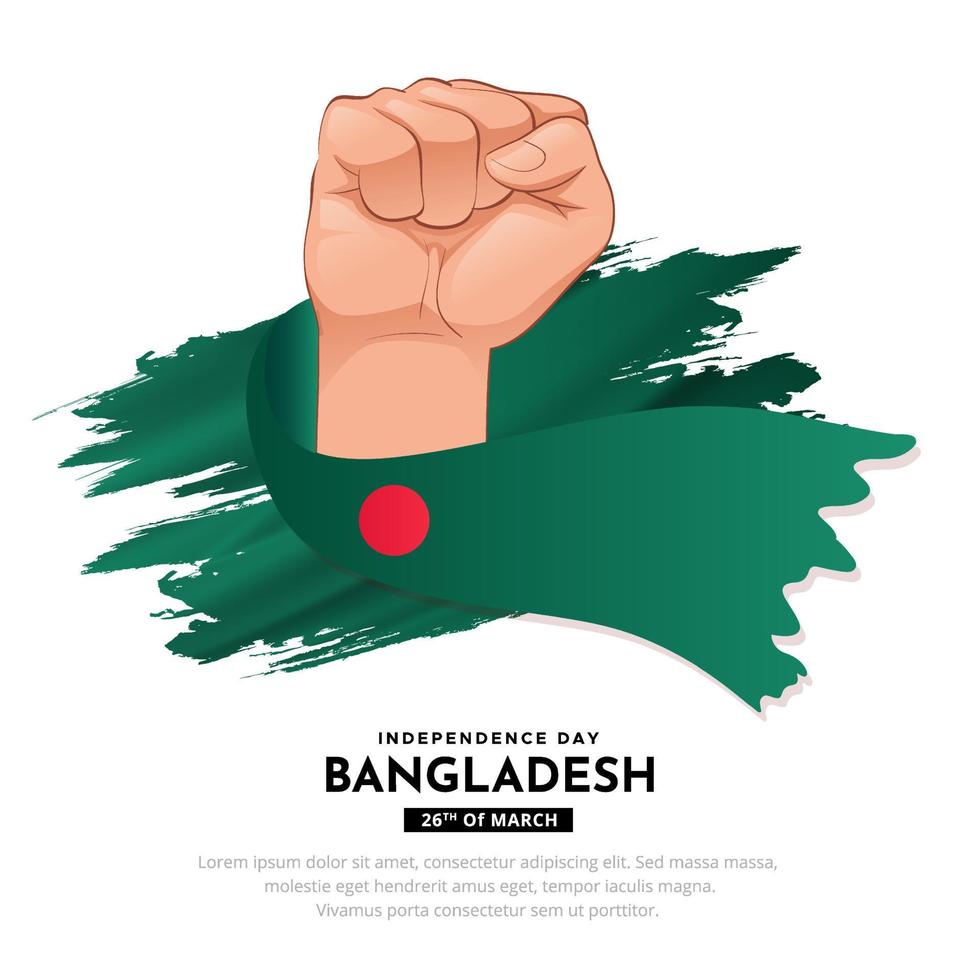 Shiny Bangladesh Independence Day design with wavy flag and gesture fist. vector