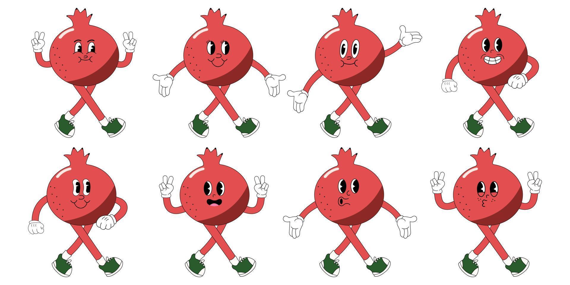 Garnet, pomegranate cartoon groovy stickers with funny comic characters, gloved hands. Modern illustration with legs and arms. vector