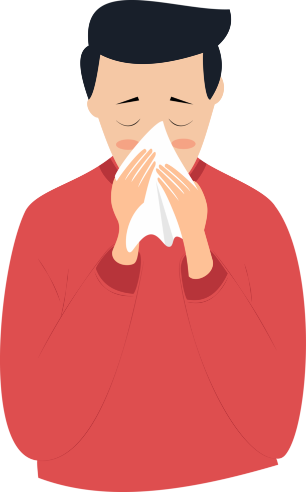 ilustração de homem espirrando cobrindo o nariz com um lenço de papel png