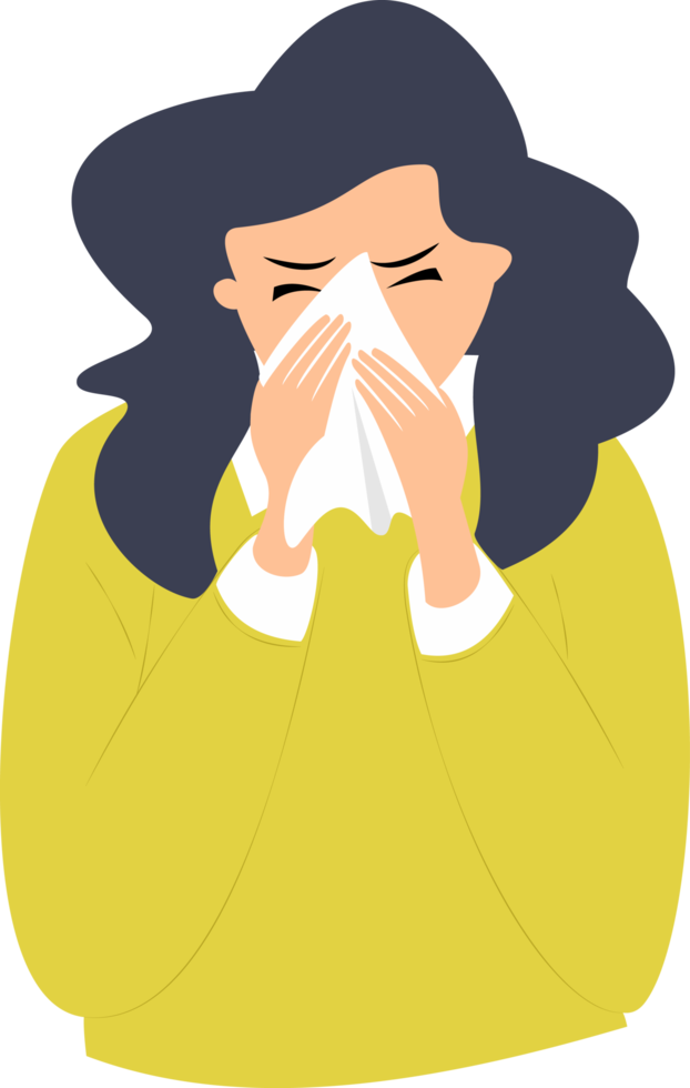 illustration of a sneezing woman covering her nose with a tissue png