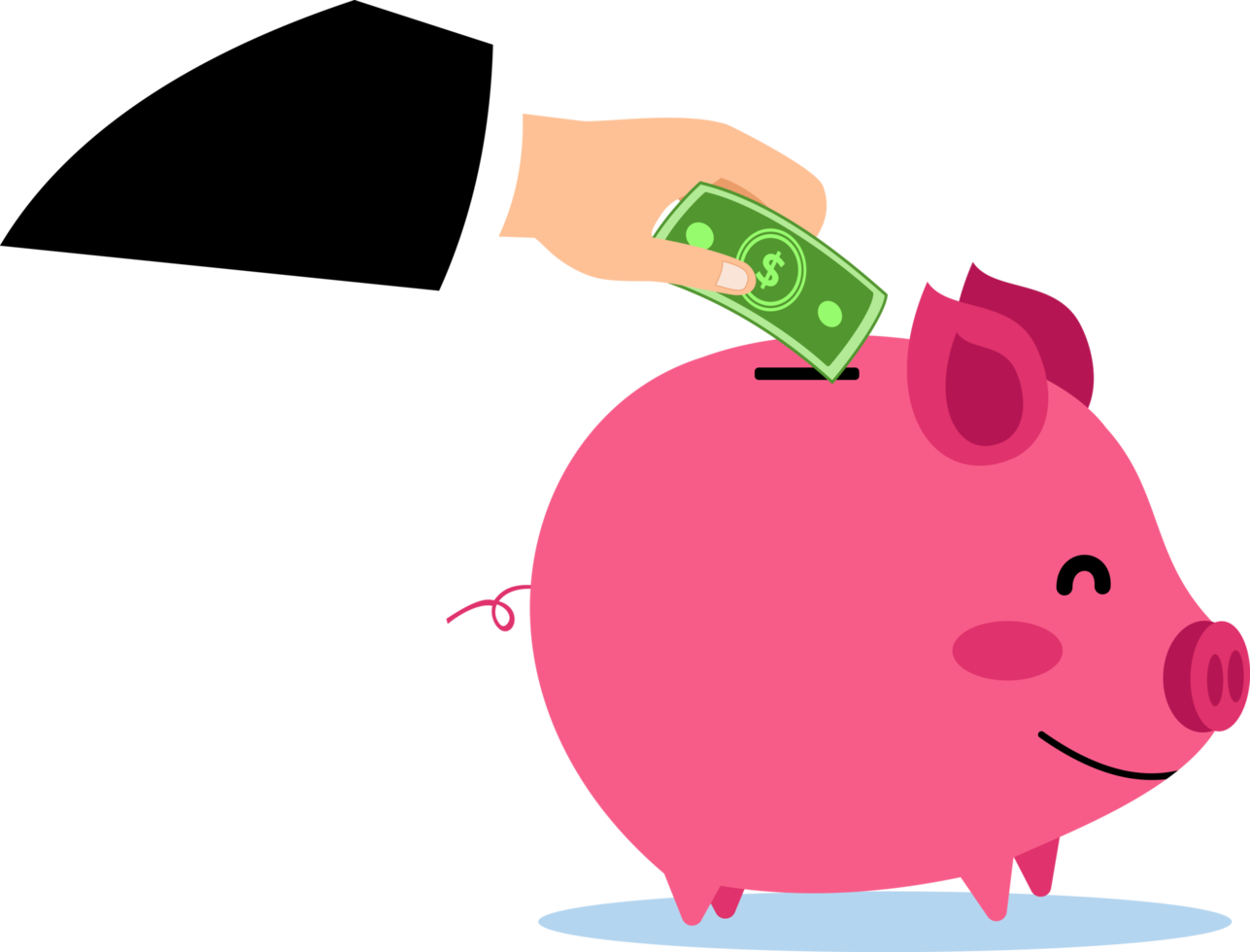 cartoon illustration of a businessman hand putting a dollar bill in a piggy bank. illustration of investing by saving in a piggy bank png