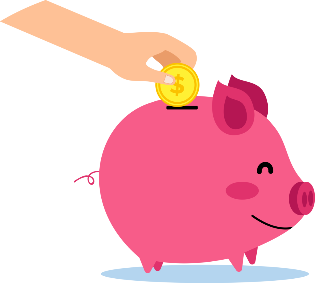 karikaturillustration einer hand, die eine goldmünze in ein sparschwein steckt png