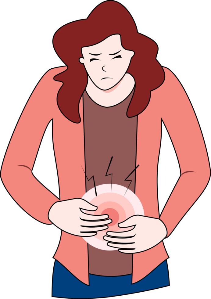 Illustration einer Frau mit Bauchschmerzen, die ihren Bauch hält png