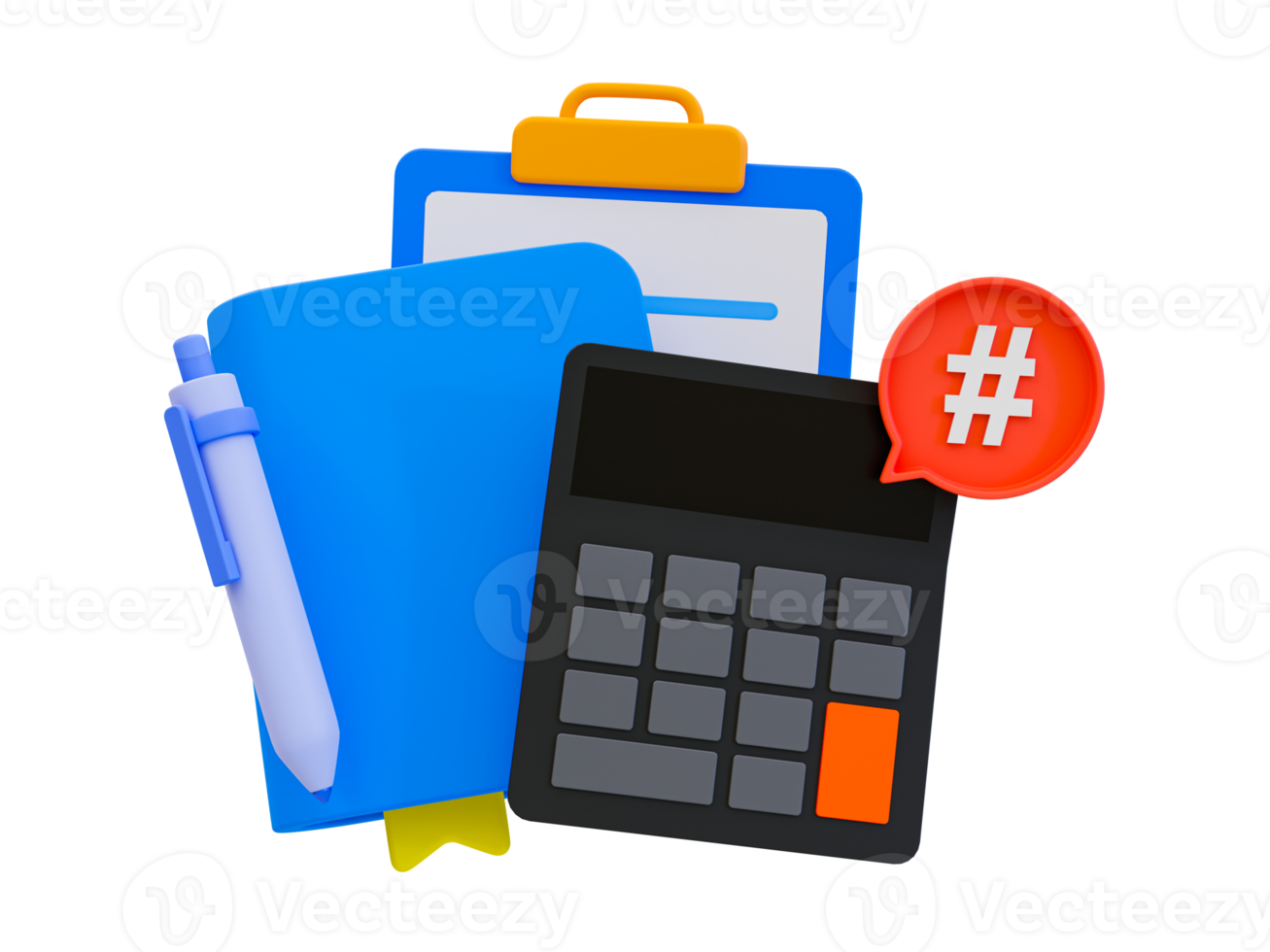 3d minimal budget management. Business checklist statement. Marketing strategy concept. Money organization. Calculator with a book, pen, and clipboard. 3d illustration. png