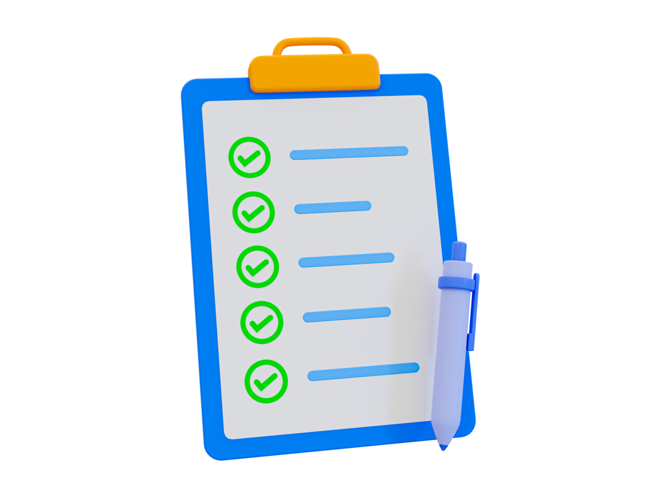 3d minimal correct document. paperwork approved. accepted, ok, right. document clipboard with a pen and green checklist. 3d illustration. png