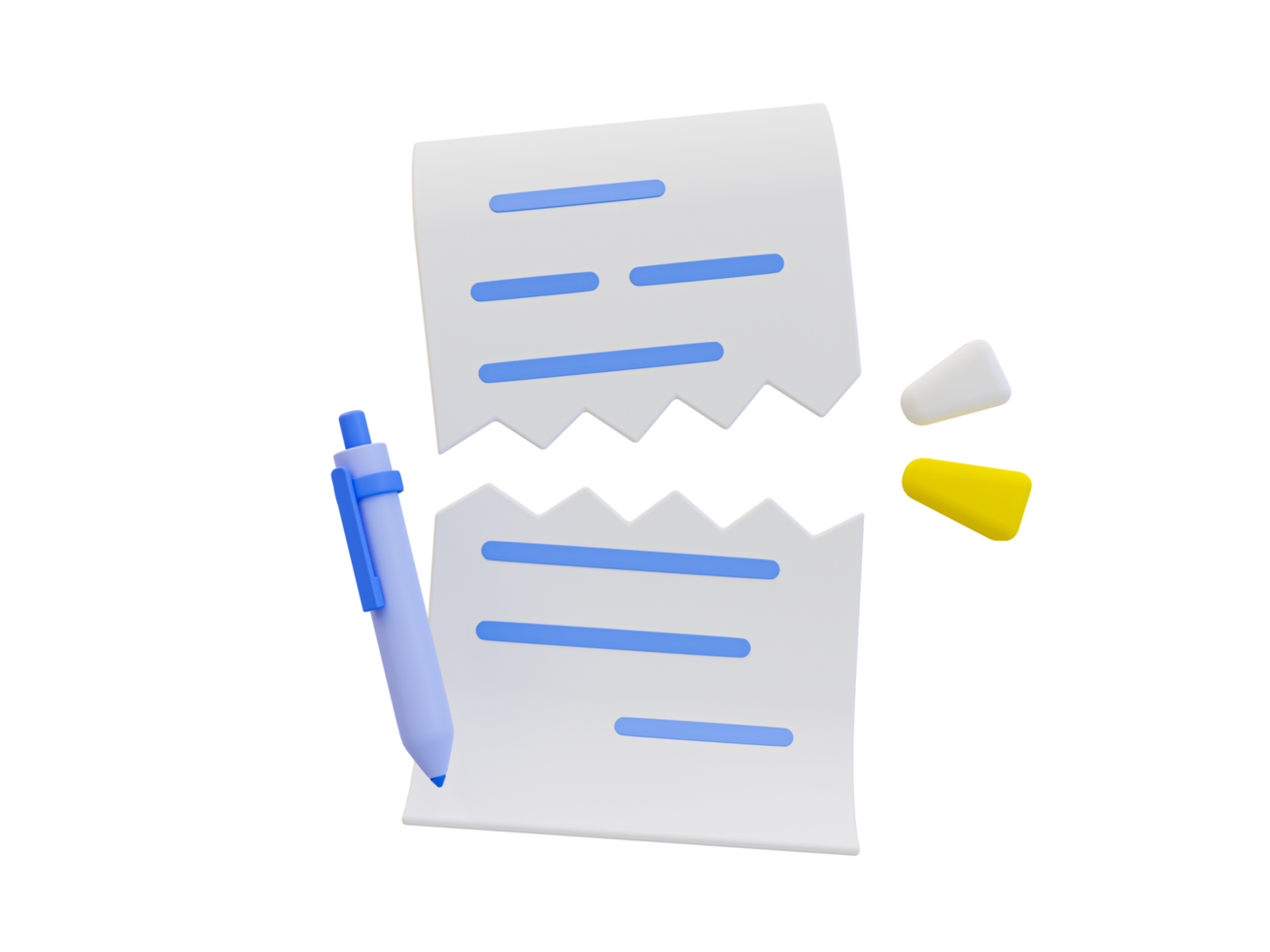 3d minimal torn paperwork. application rejected. contract termination. ripped document with a pen 3d illustration. png