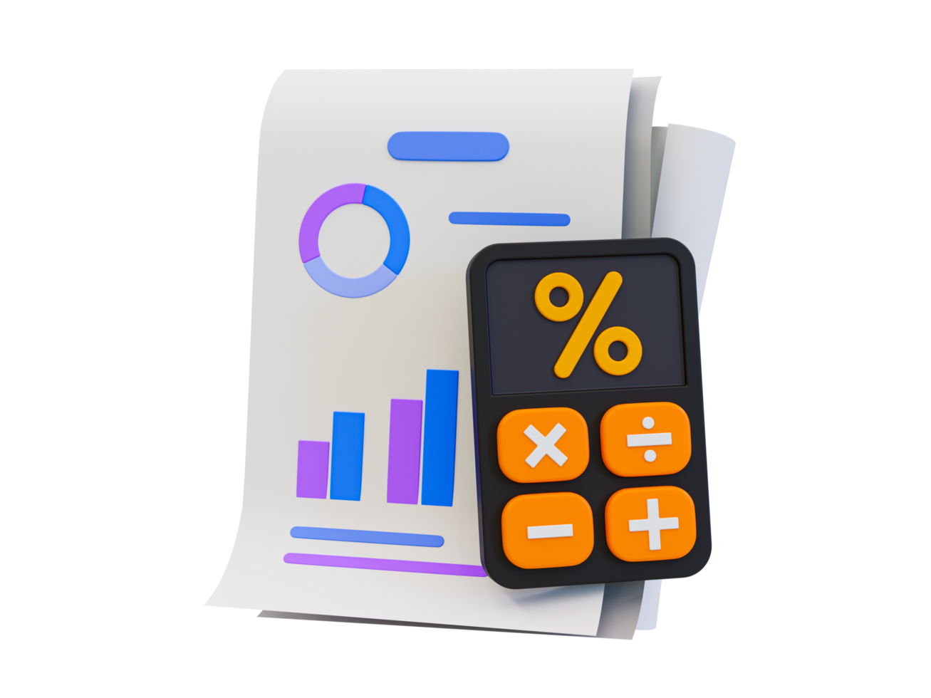 3d minimal marketing strategy concept. business analysis. marketing data analysis. A statistic paper with a percentage sign and calculator. 3d illustration. png