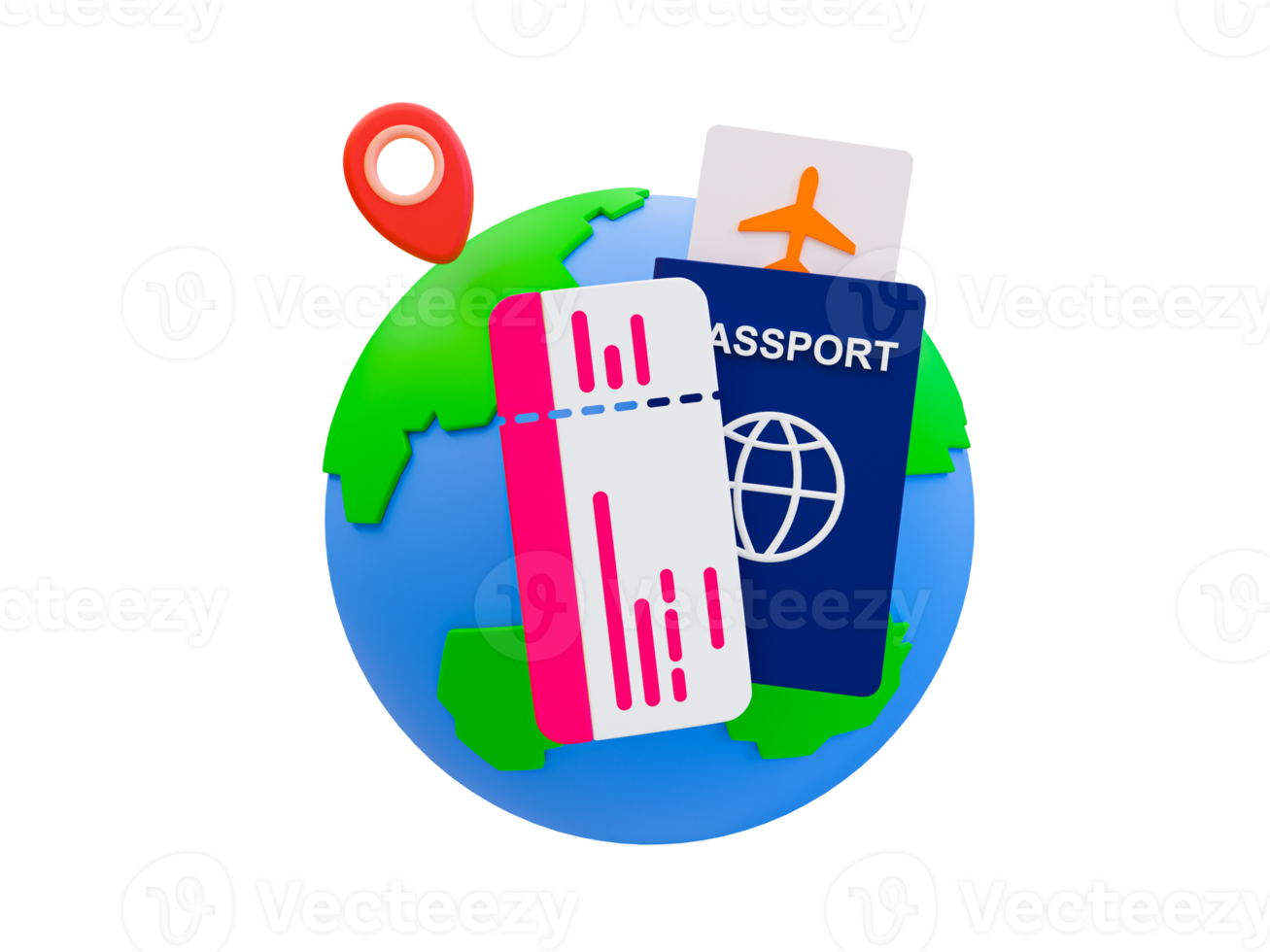 Viaje de vacaciones mínimo en 3d. viaje de vacaciones de verano. billete de avión con pasaporte y globo. ilustración 3d png