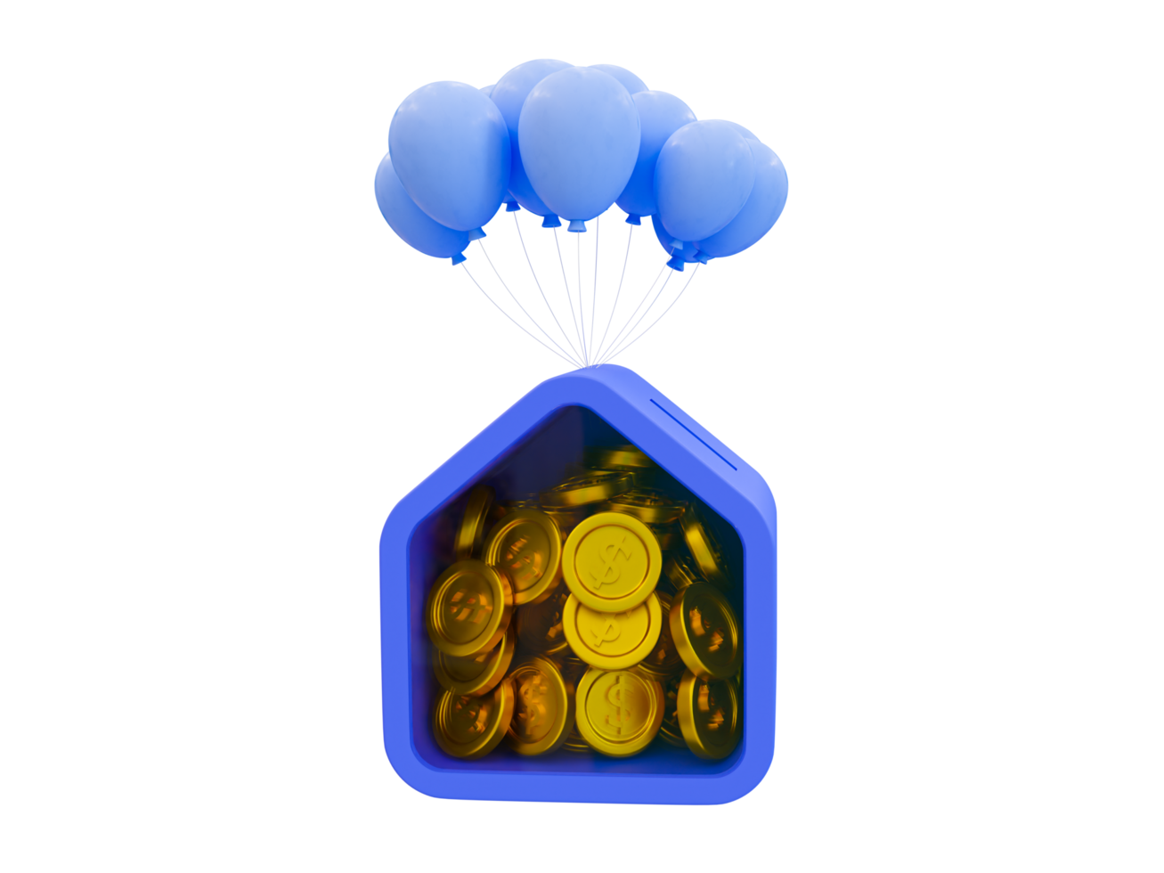 Concepto mínimo de ahorro de dinero en 3d. los depósitos ganan más interés. recolectar dinero para la jubilación. una alcancía de la casa con globos. ilustración 3d png