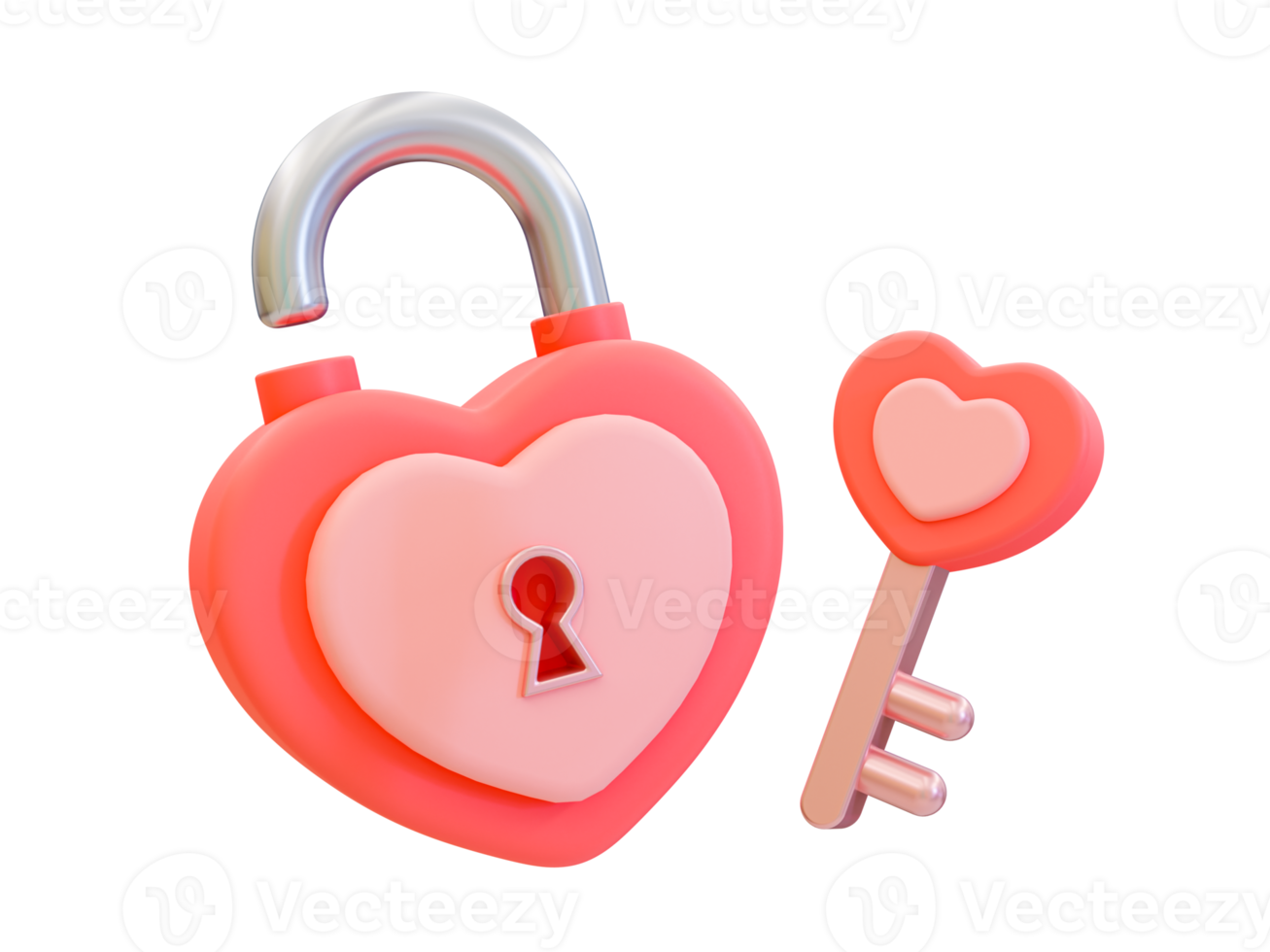 3d minimal unlock heart door concept. valentine compositions. love padlock with key. 3d illustration. png