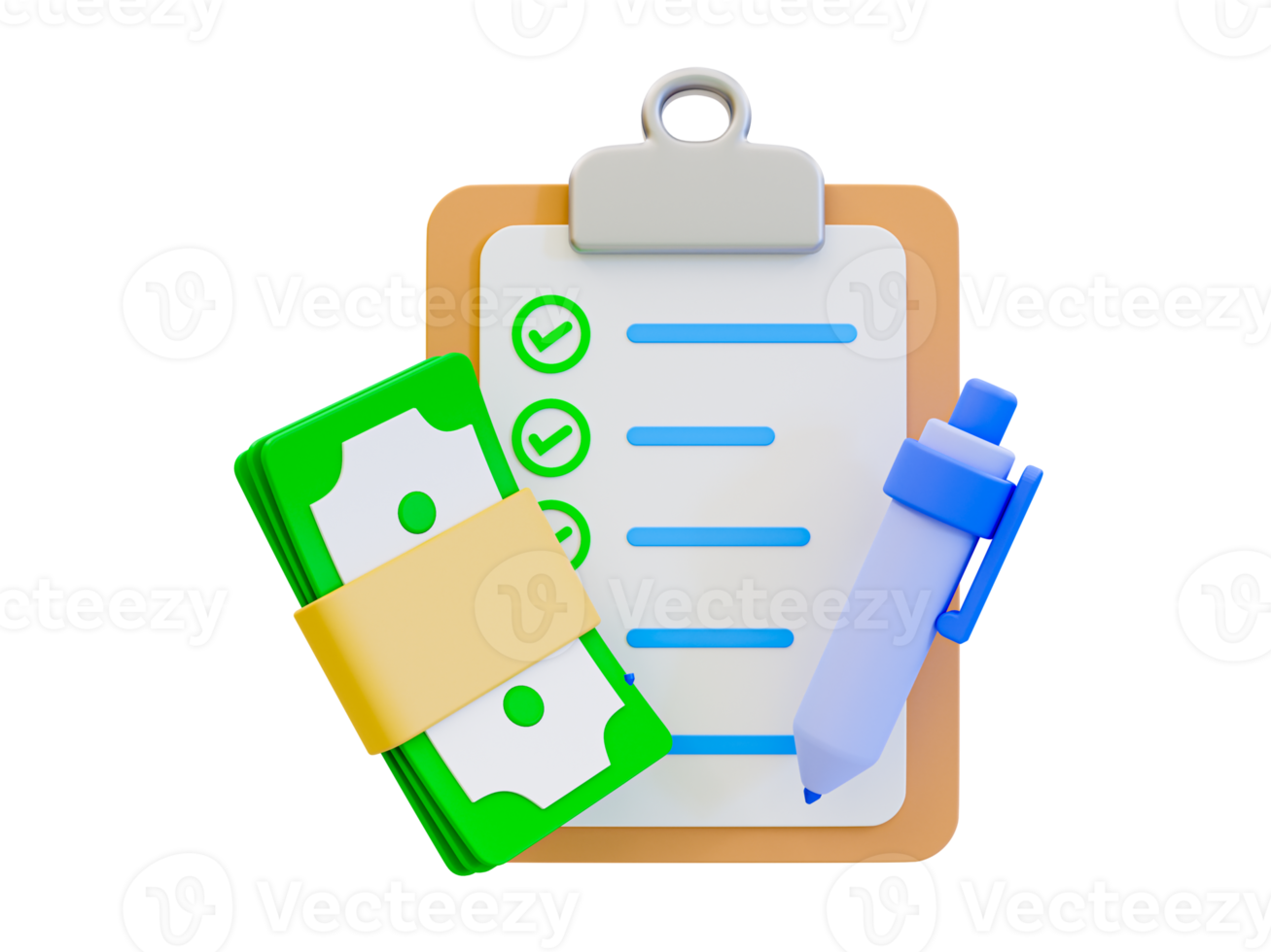 Bilan minimal 3d. déclaration de liste de contrôle d'affaires. presse-papiers avec un rapport financier, un stylo et un billet de banque. Illustration 3D. png