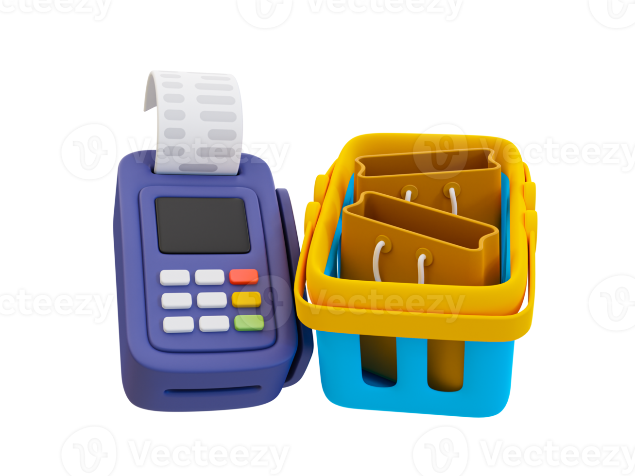 Paiement sans numéraire minimal 3d. caisse d'épicerie. terminal pos avec un panier d'achat. illustration de rendu 3d png