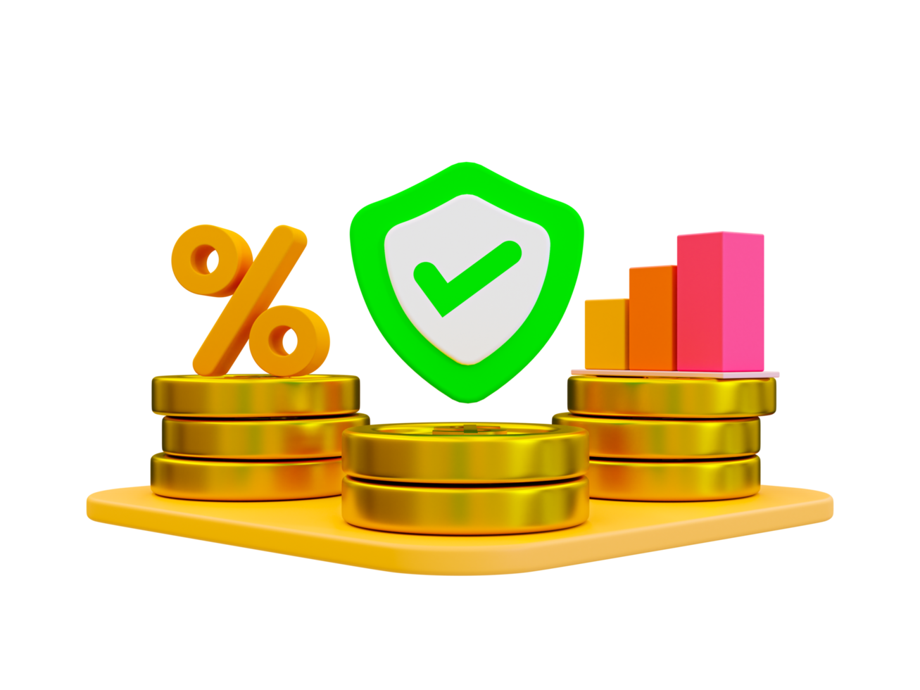 Plan de ahorro de fondos de inversión mínima 3d. concepto de ahorro de dinero. fondo de estabilidad financiera. un montón de monedas con un porcentaje, estadística y una marca de verificación verde. ilustración 3d png