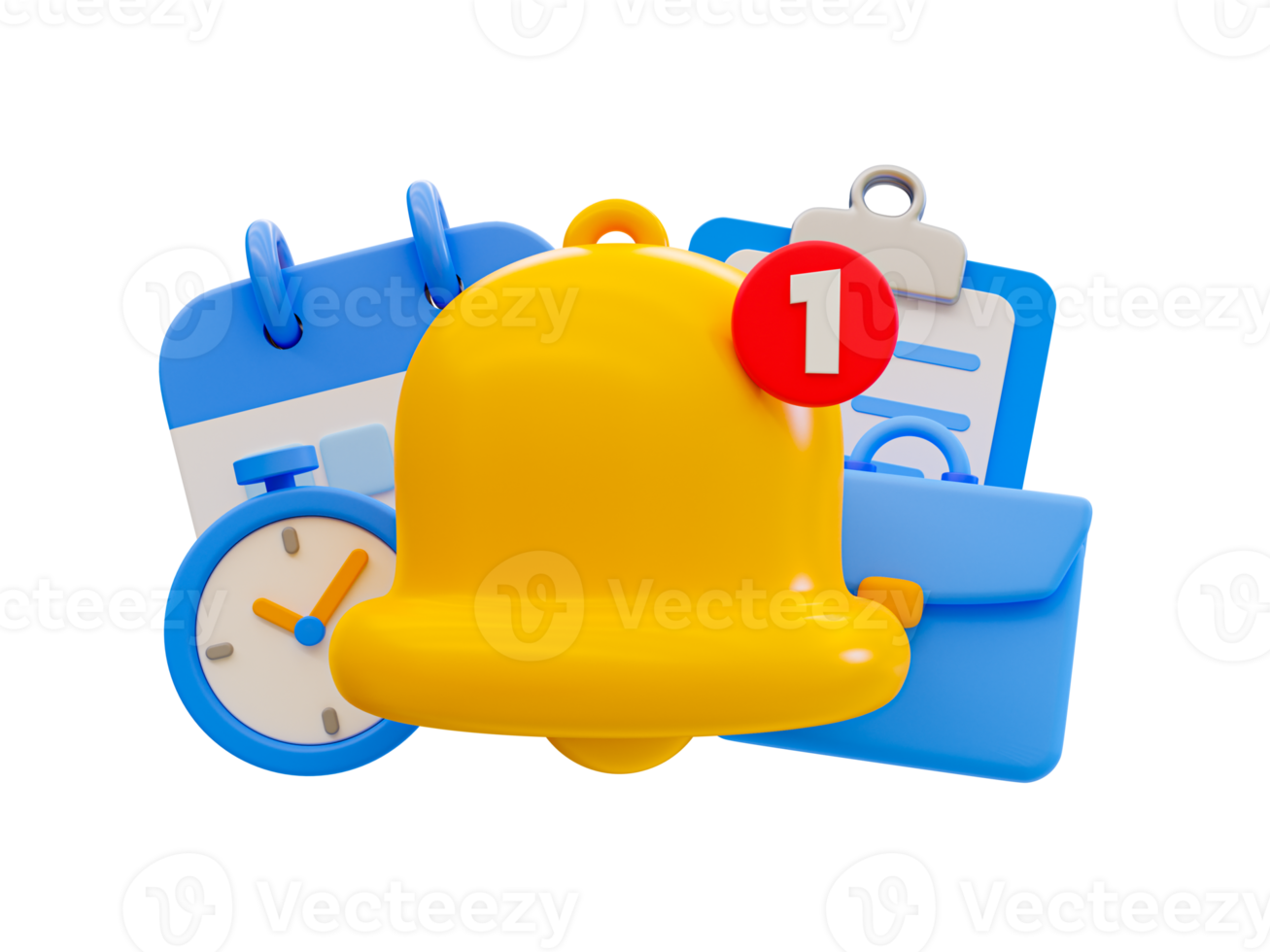 3d minimale Arbeitsbenachrichtigung. Arbeitserinnerung. glockensymbol mit kalender, stoppuhr, klemmbrett und aktentasche. 3D-Darstellung. png