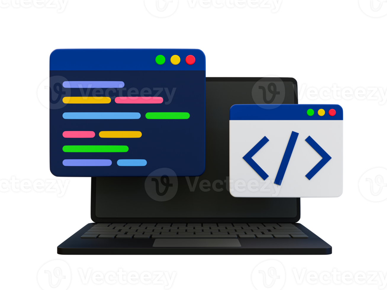 ícone de programação mínima 3D. tela de codificação. conceito de desenvolvimento web. laptop com uma tela de codificação e um ícone de codificação. ilustração 3D. png