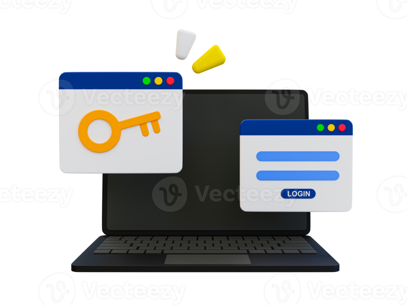 Verificación de contraseña mínima 3d. concepto de autenticación de contraseña. autorización de usuario. portátil con una pantalla de inicio de sesión y un icono de llave. ilustración de representación 3d. png