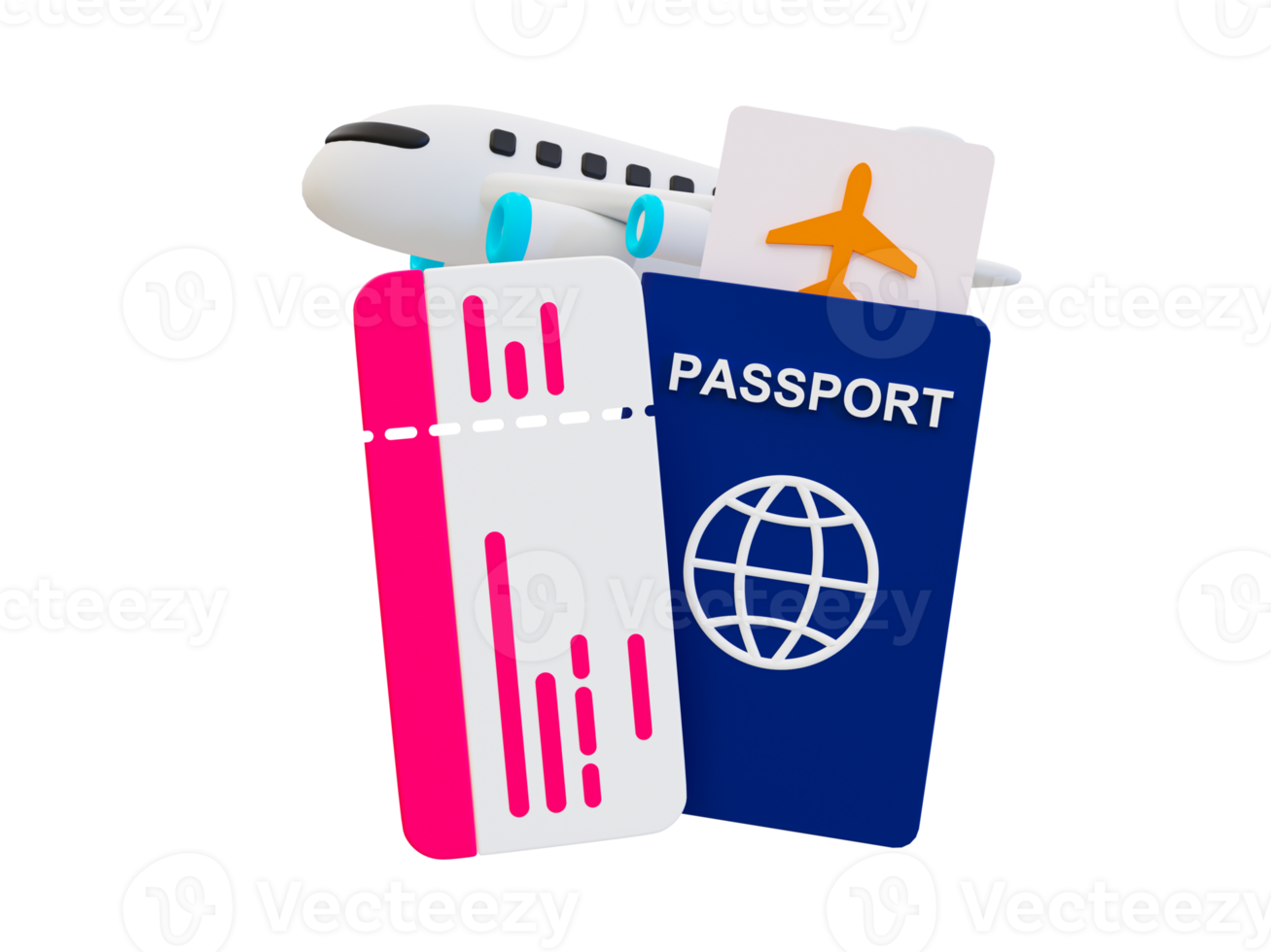 3d minimal vacation trip concept. Discount plane tickets concept. Relaxation time on a holiday. Plane ticket with a passport and discount tags. 3d illustration. png