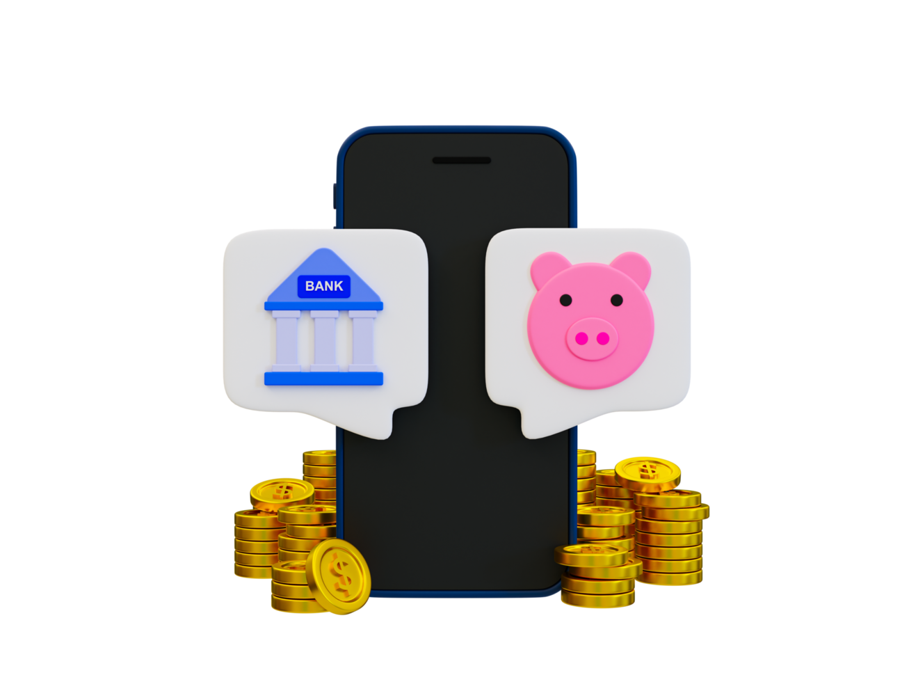 3d minimal financial account. money management concept. The way for depositing the money. smartphone with a bank and a piggy bank deposit button. 3d rendering illustration. png