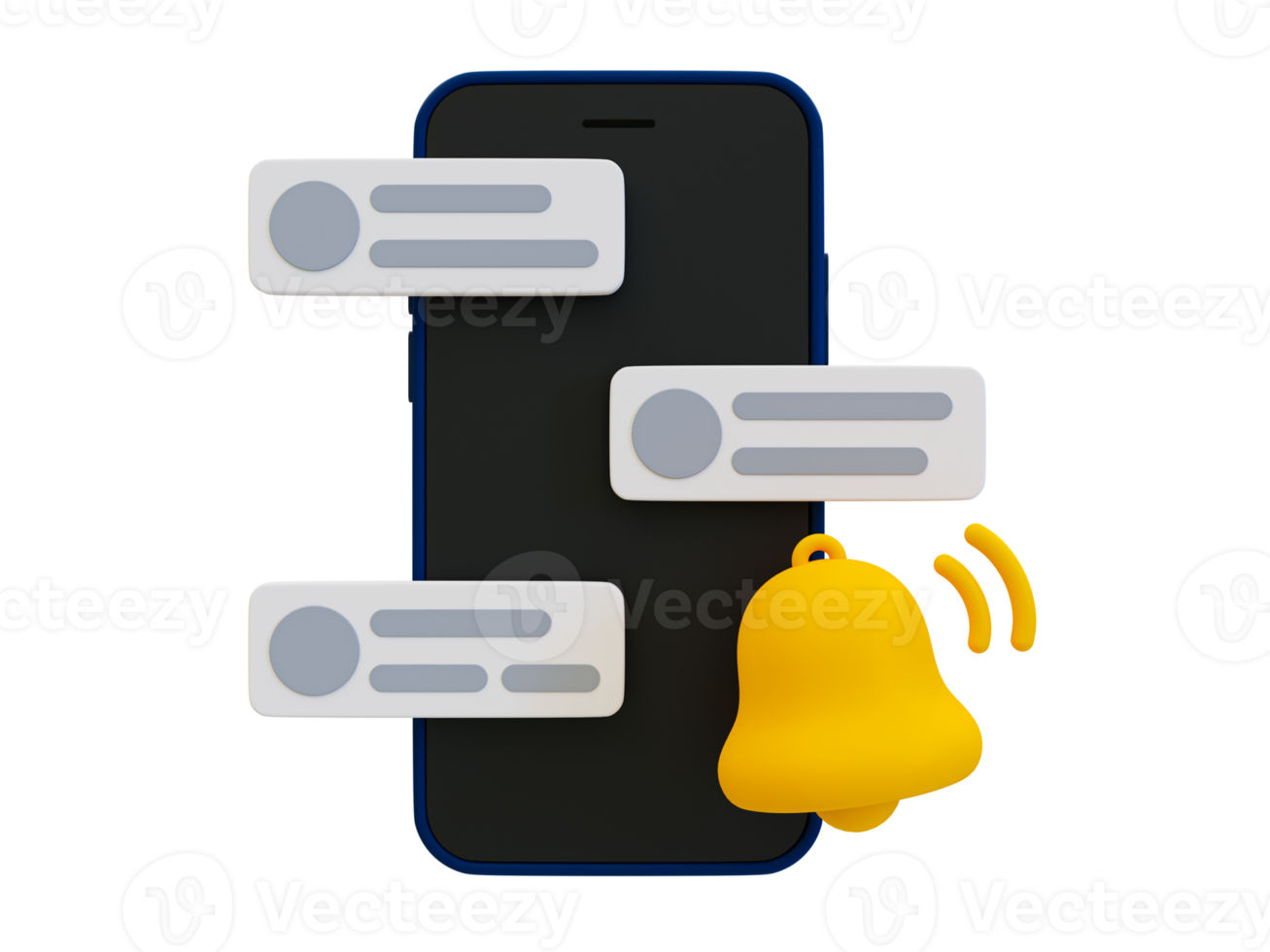 Notificación mínima 3d de mensajes no leídos. notificación de mensajes de chat en redes sociales. teléfono inteligente con un ícono de campana y un ícono de mensaje de chat. ilustración 3d png