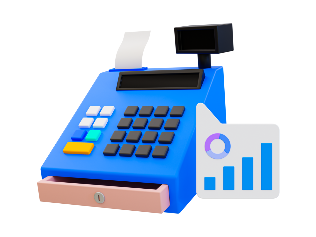 3d minimal supermarket cash register icon. Statistical billing and counting. cash register with a statistic icon. 3d rendering illustration. png