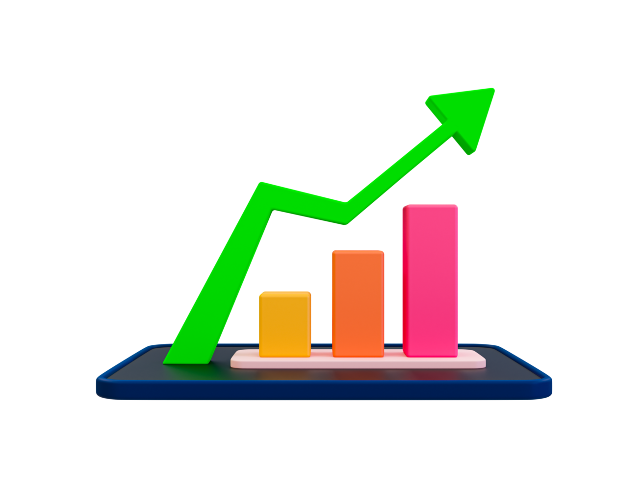 Conceito mínimo de estratégia de marketing 3d. análise de negócio. análise de dados de marketing. gráfico de barra de estatística com uma seta verde subindo. ilustração 3D. png