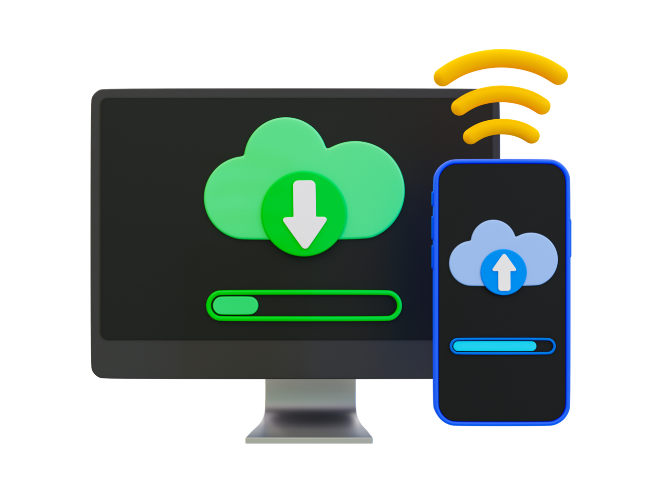 3d datos compartidos inalámbricos mínimos en línea. concepto de tecnologías inalámbricas. pc con pantalla de descarga y smartphone con pantalla de carga. ilustración 3d png